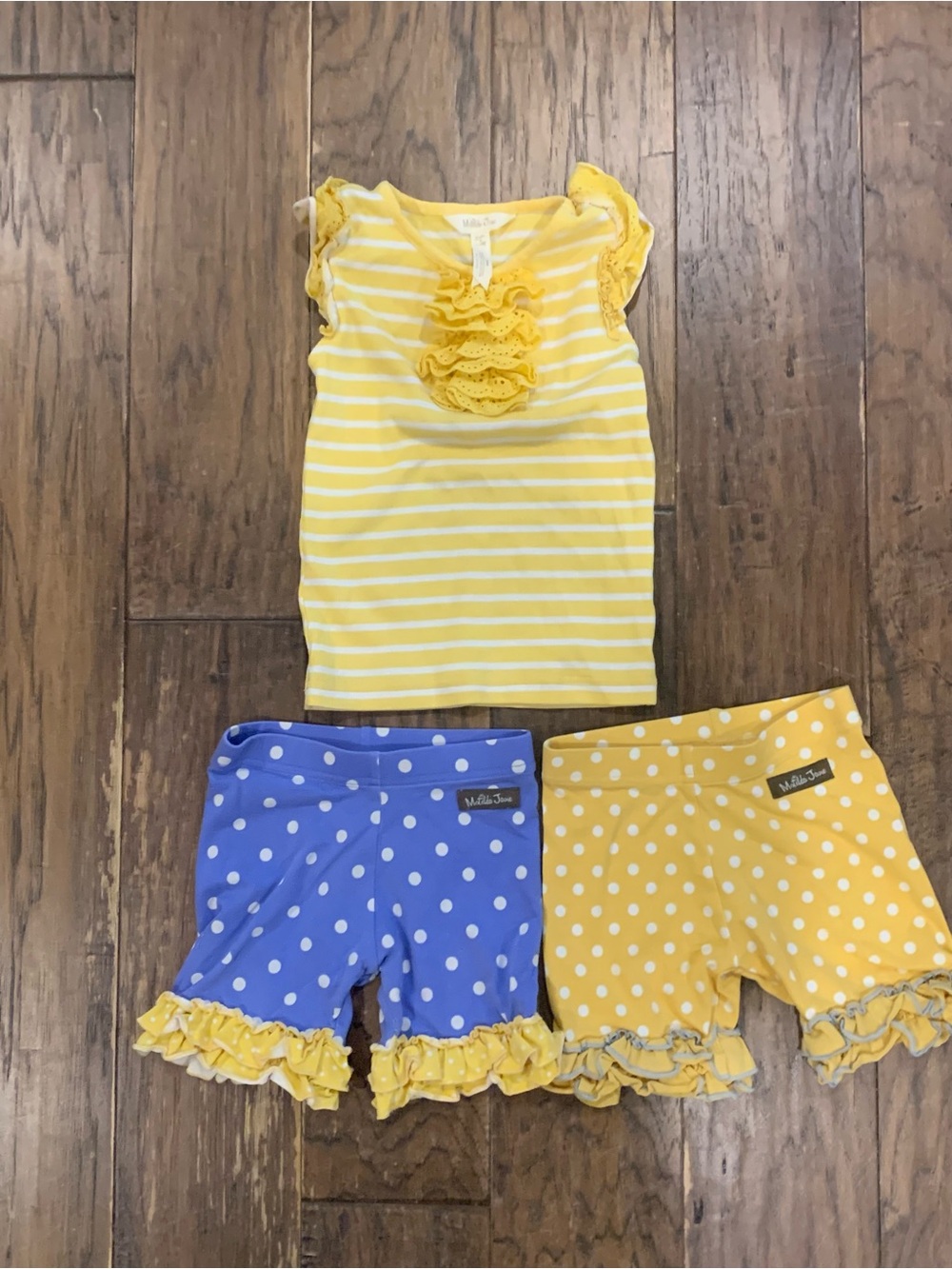 Matilda Jane Yellow and White Striped Ruffle Tank and 2 Pair Shorts Set
